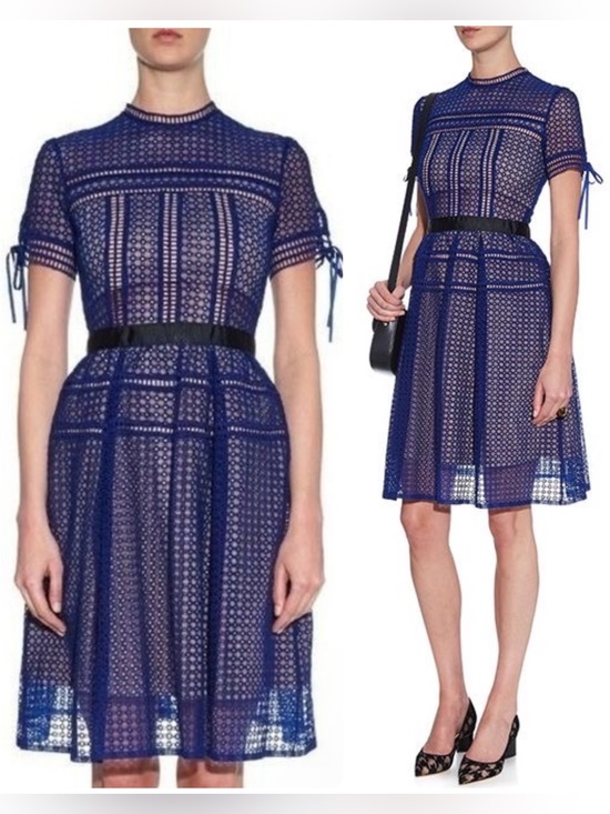 Self-Portrait Dresses & Skirts - SELF-PORTRAIT Aurelia Navy Rayon Lace Panelled Fit & Flare Cap-Sleeves NWOT $795
